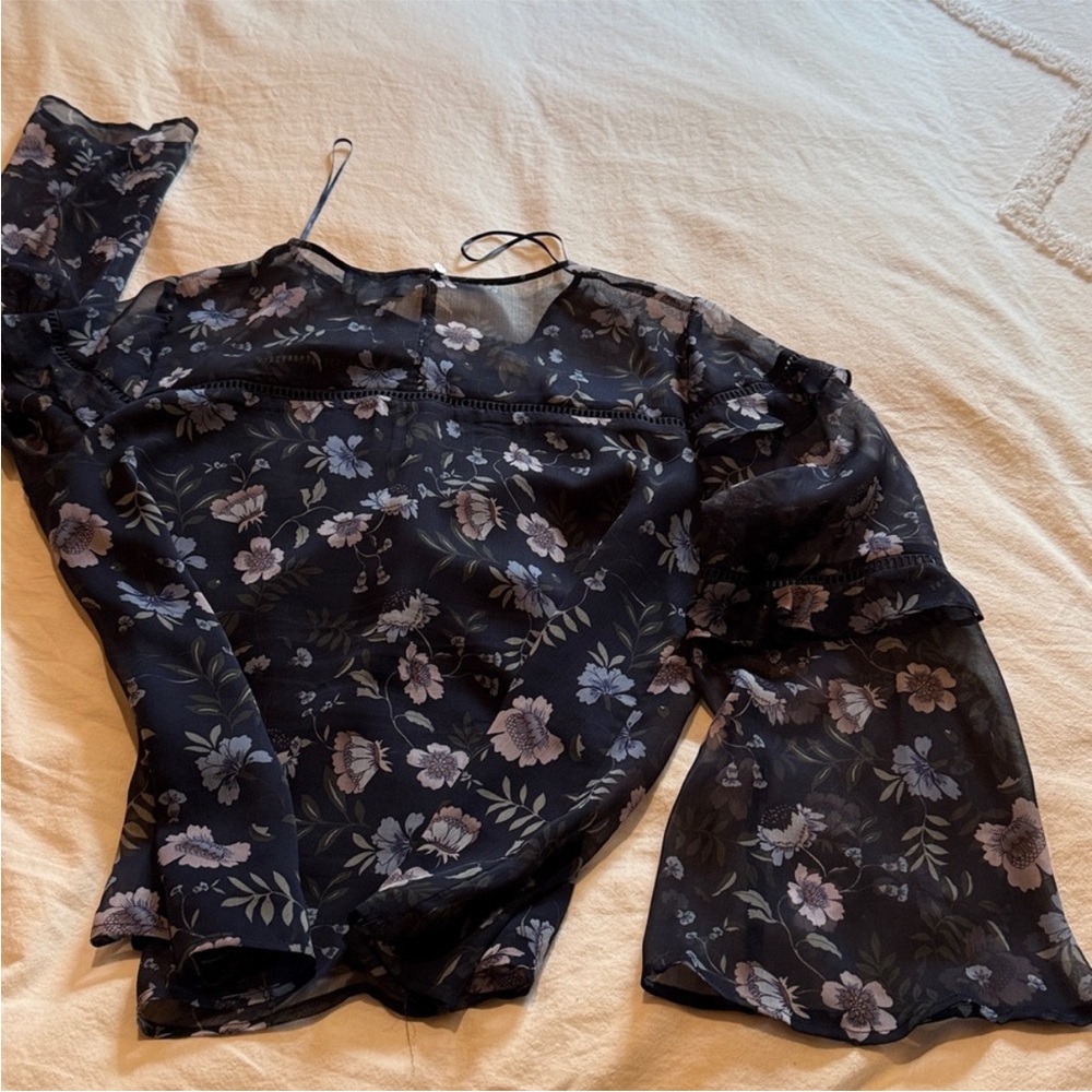 CeCe Black Floral Ruffle Bell-Sleeve Blouse - Picture 6 of 8